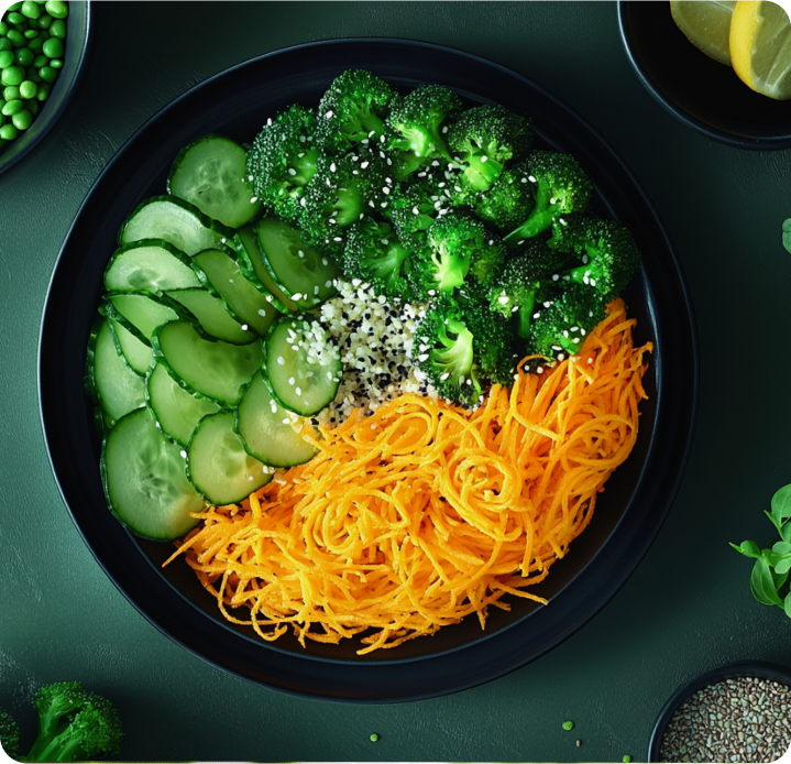 Detox bowl, chlorella, spirulina products, fruits and vegetables, broccoli image
