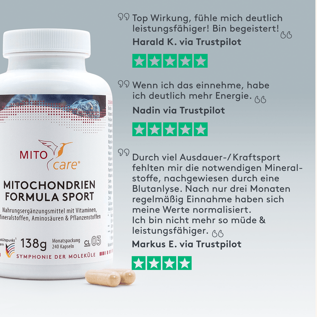 Trustpilot Bewertungszitate zum Produkt Mitochondrien Formula Sport - Produkt ansicht von vorne neben text