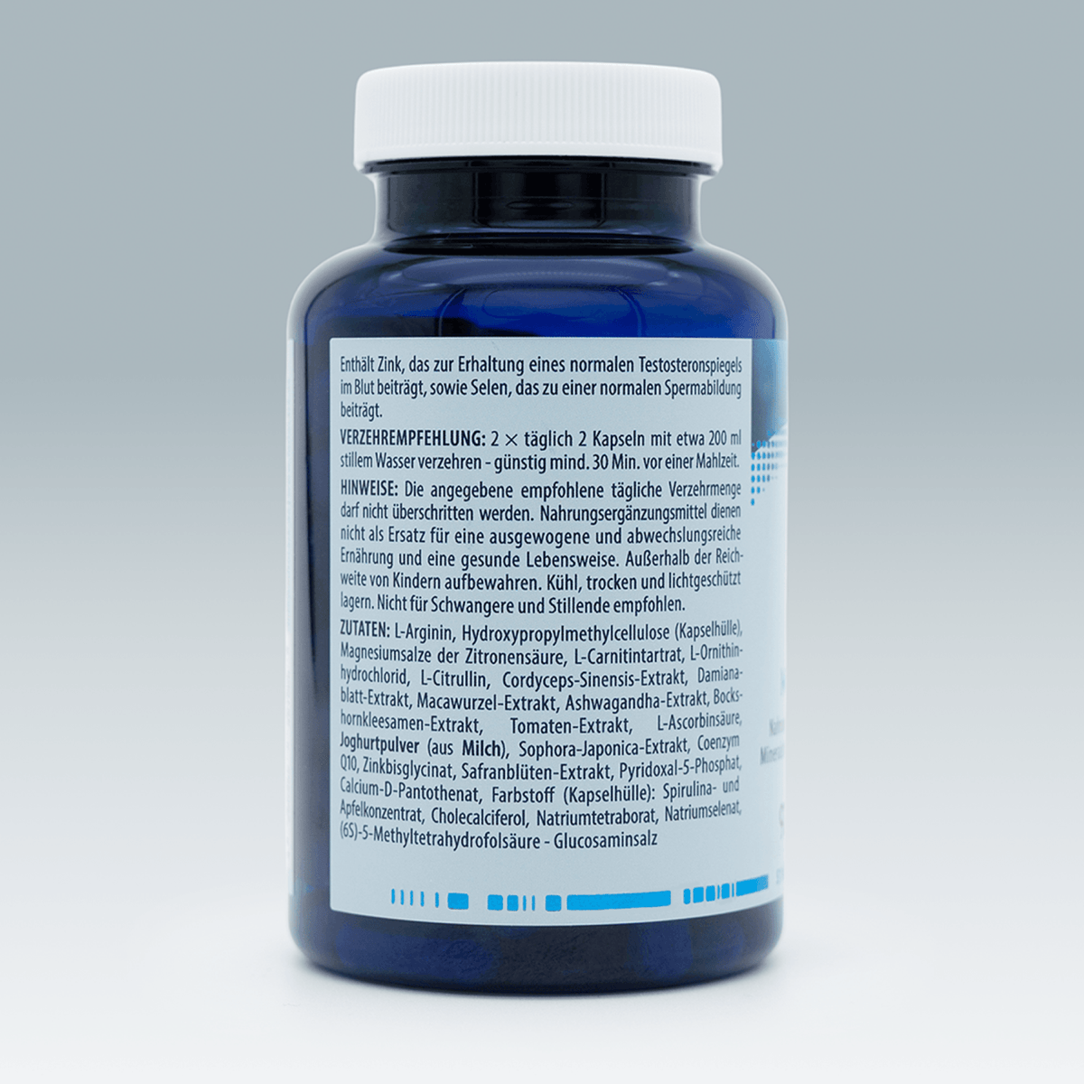 Men Booster, blaue Verpackung, Auflistung der Inhaltsstoffe, Verzehrempfehlung und Hinweise