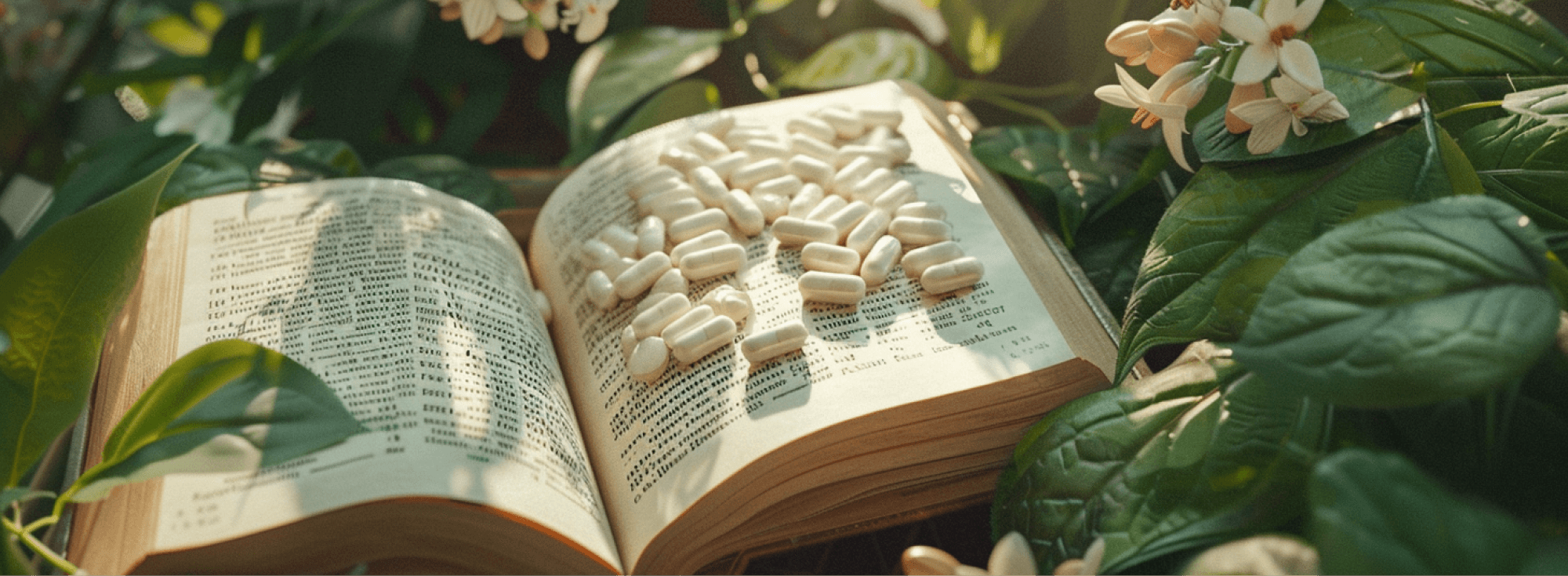 Buch zwischen Pflanzen mit Supplement Kapseln