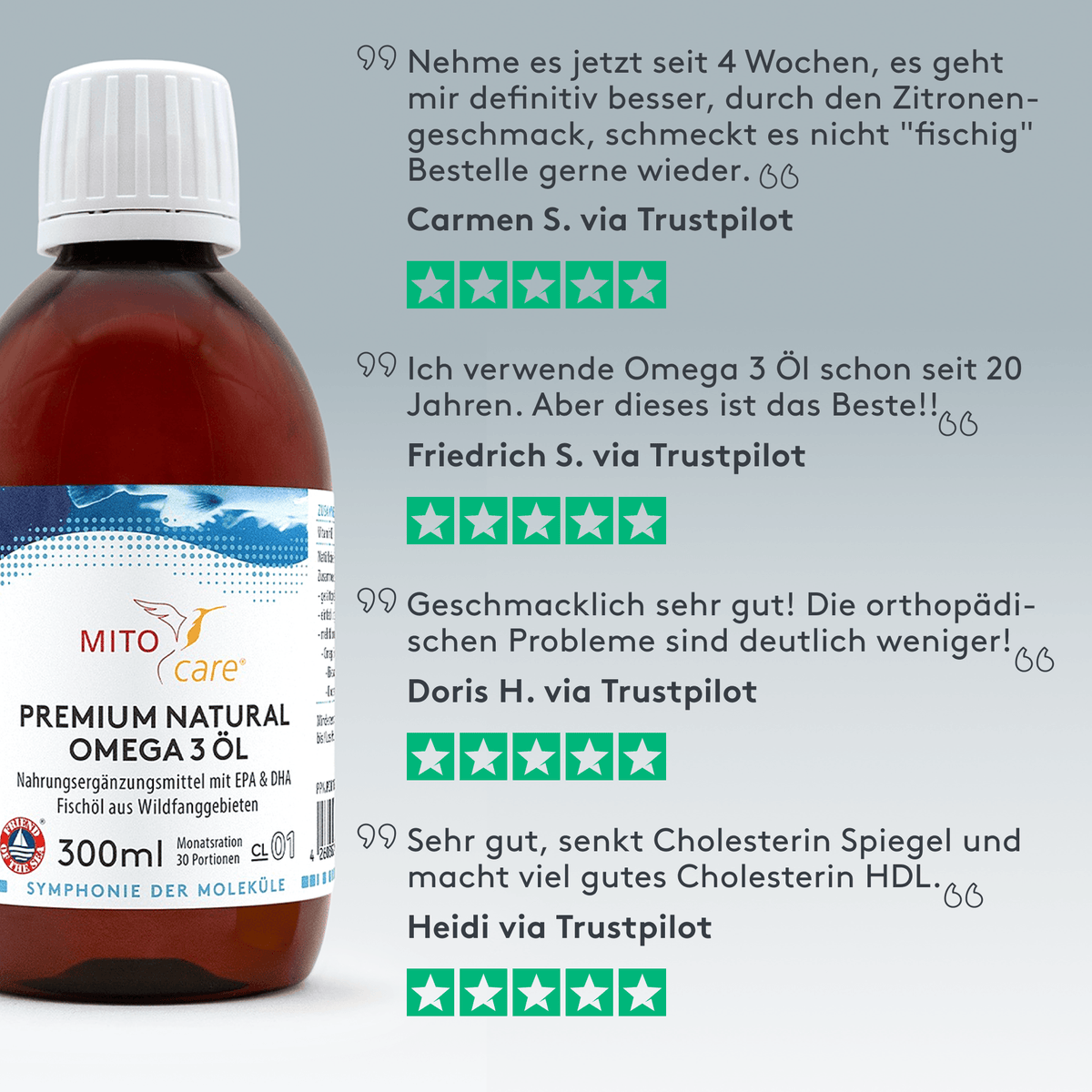 Trustpilot Bewertungszitate zum Produkt Premium Natural Omega 3 Öl - Produkt ansicht von vorne neben text