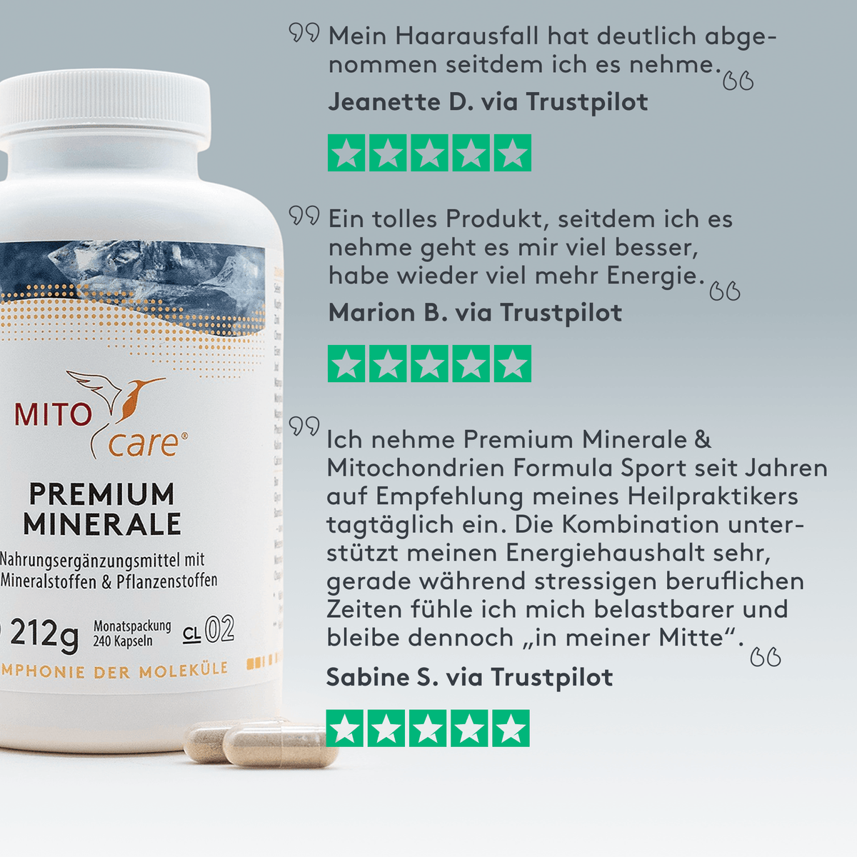 Trustpilot Bewertungszitate zum Produkt Premium Minerale - Produkt ansicht von vorne neben text