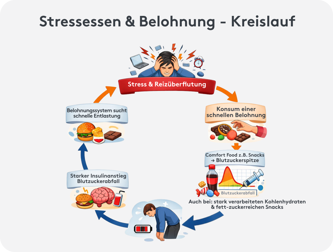 Stressessen, Essen und Belohnung Kreislauf Grafik, binge Eating
